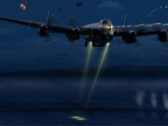Artwork of Guy Gibson flying AJ-G for the first attack run on the Mohne Dam.